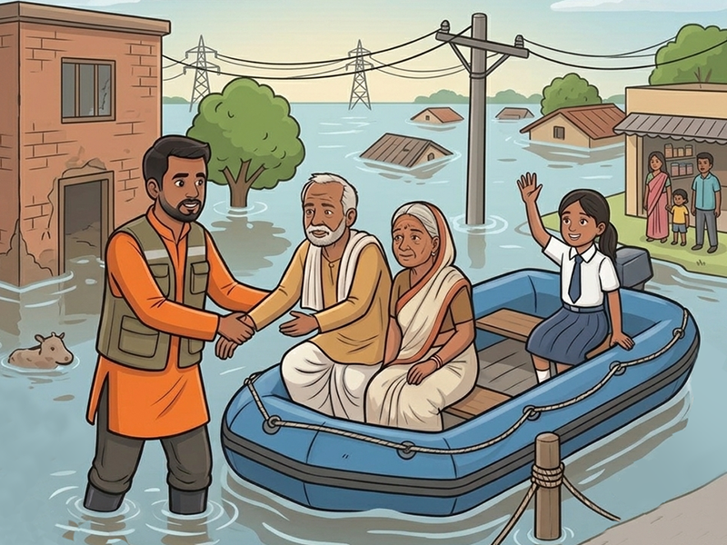 A relief worker helping elderly residents into a rescue boat during a flood