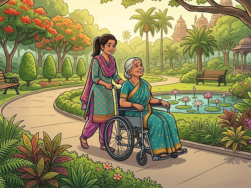 A young woman helping an elderly woman in a garden